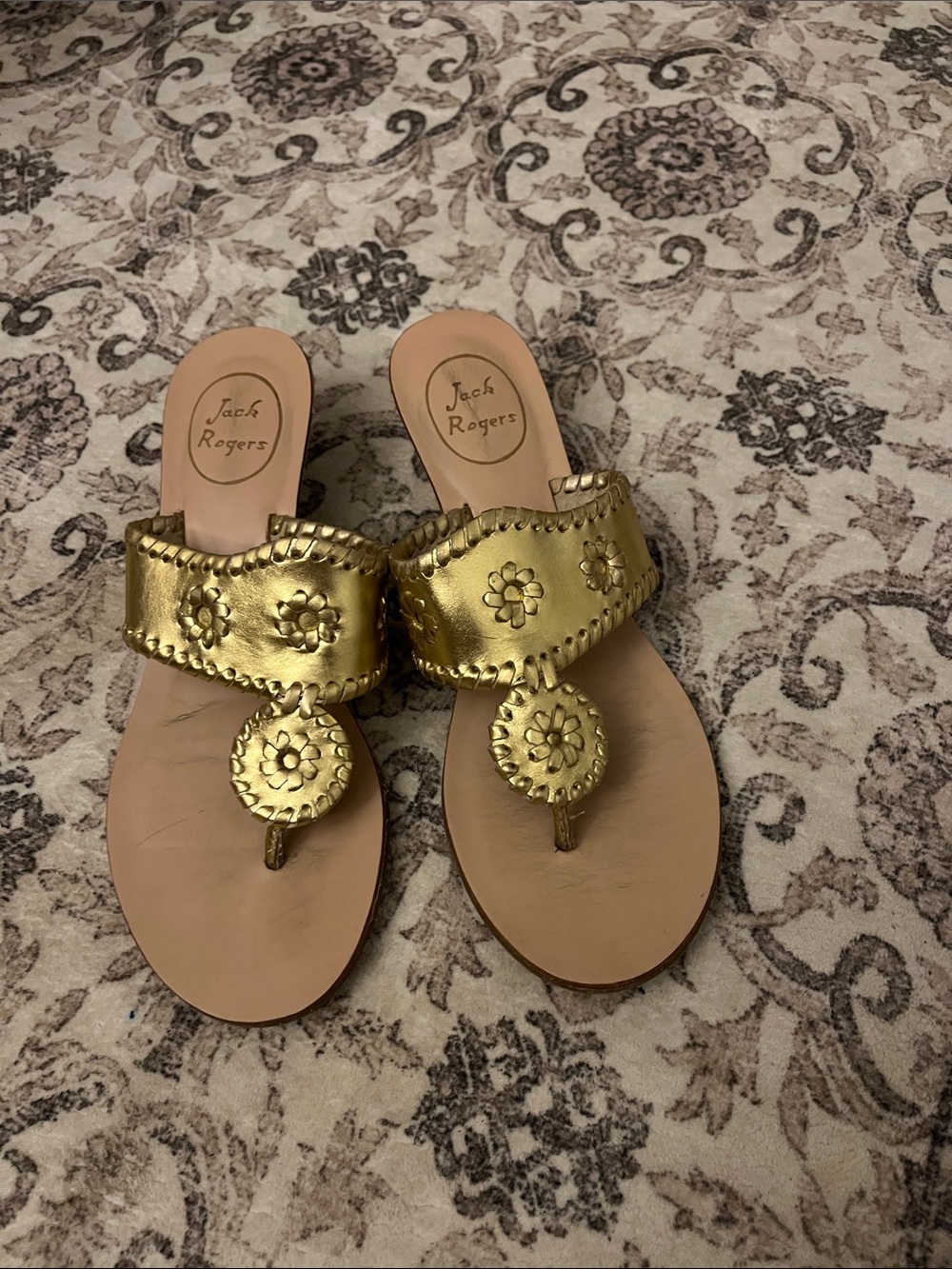 Jack Rogers Metallic Gold Leather Medallion Thong Sandals